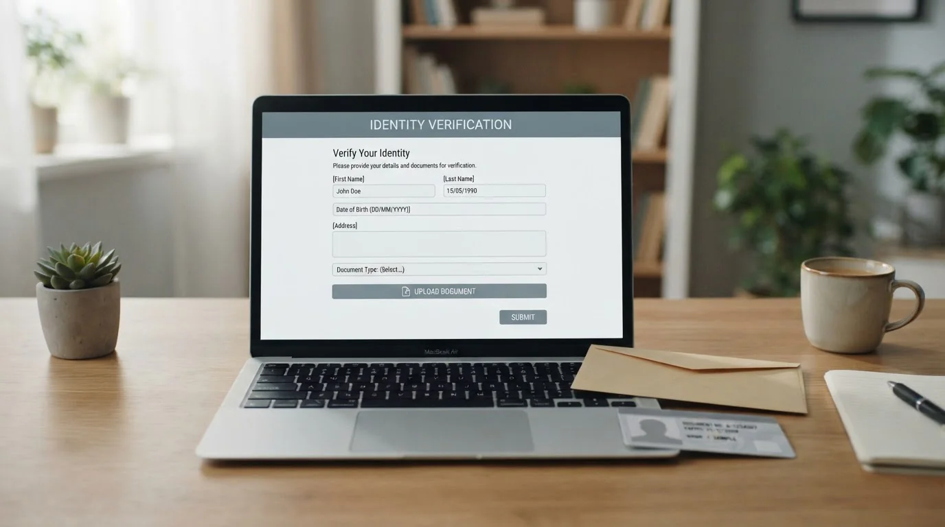 Notebook mit einem KYC-Verifizierungsdialog und einem Ausweis neben der Tastatur, ohne erkennbares Gesicht