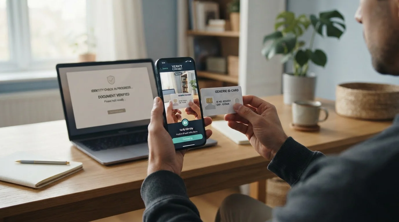 Person hält Ausweis vor die Kamera für VideoIdent-Verifizierung am Smartphone