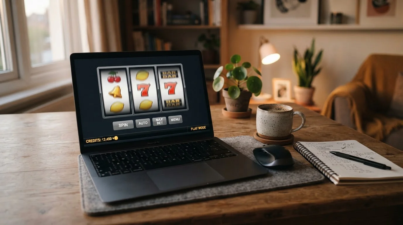 Spielautomat im Demomodus mit virtuellem Guthaben auf einem Laptop