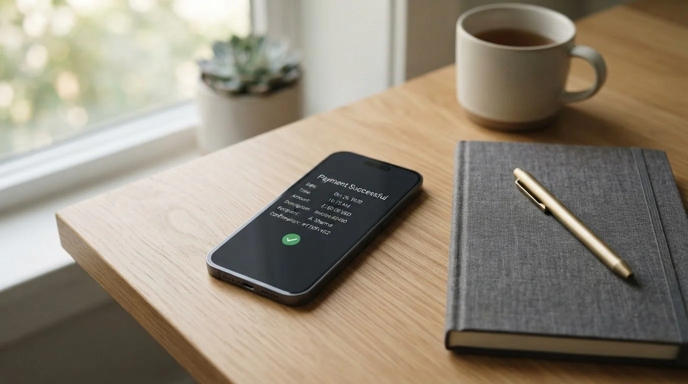 Smartphone mit neutraler Überweisungsbestätigung auf einem aufgeräumten Schreibtisch
