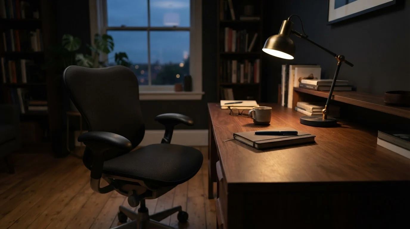 Leerer Bürostuhl vor einem Schreibtisch mit gedämpfter Lampe und geschlossenem Notizbuch