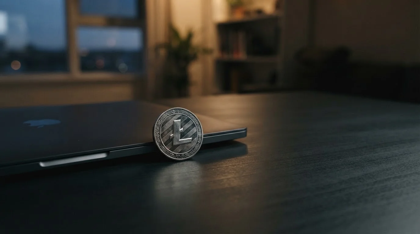 Litecoin-Casino: stille Münze auf dunklem Schreibtisch
