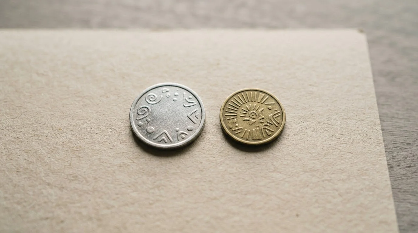 Zwei Briefmarken-große Münzen auf Papier, eine silberfarben, eine goldfarben, neutral