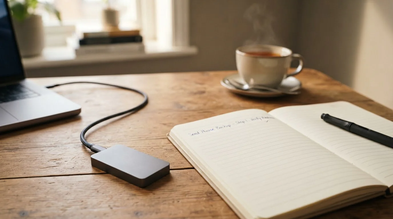 Kleine Hardware-Wallet neben Notizbuch mit handschriftlichem Saatgut-Satz