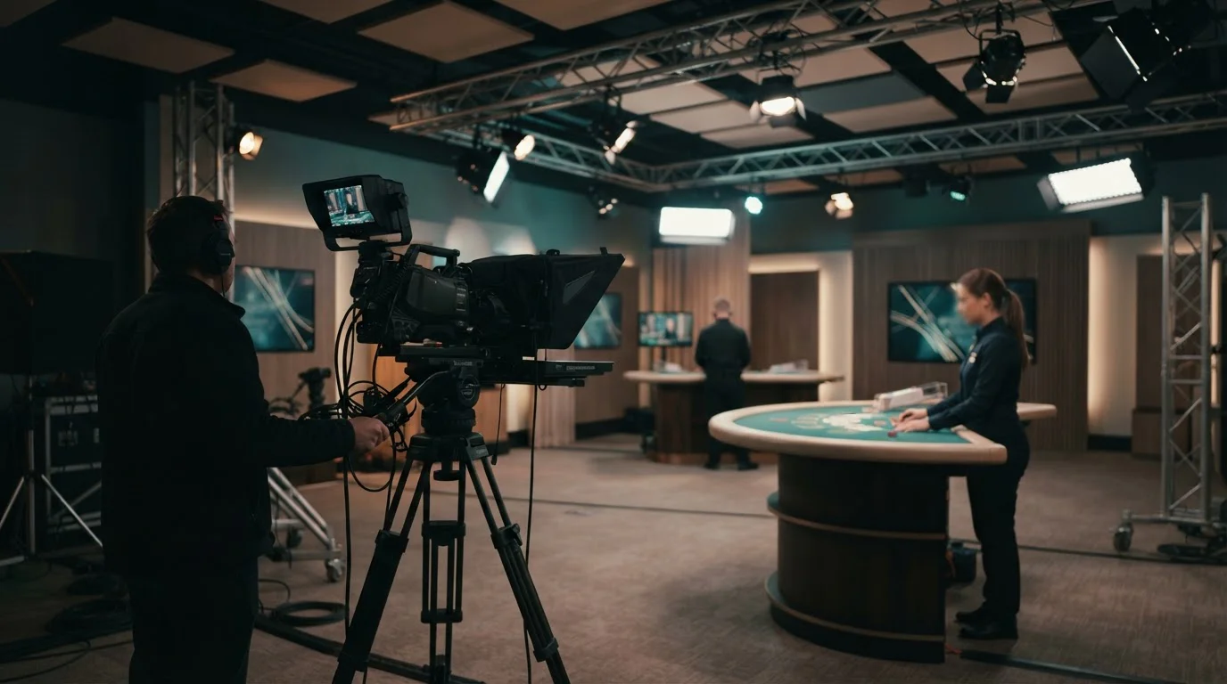 Produktionsstudio für Live-Casino mit Kamera und Tisch im Hintergrund