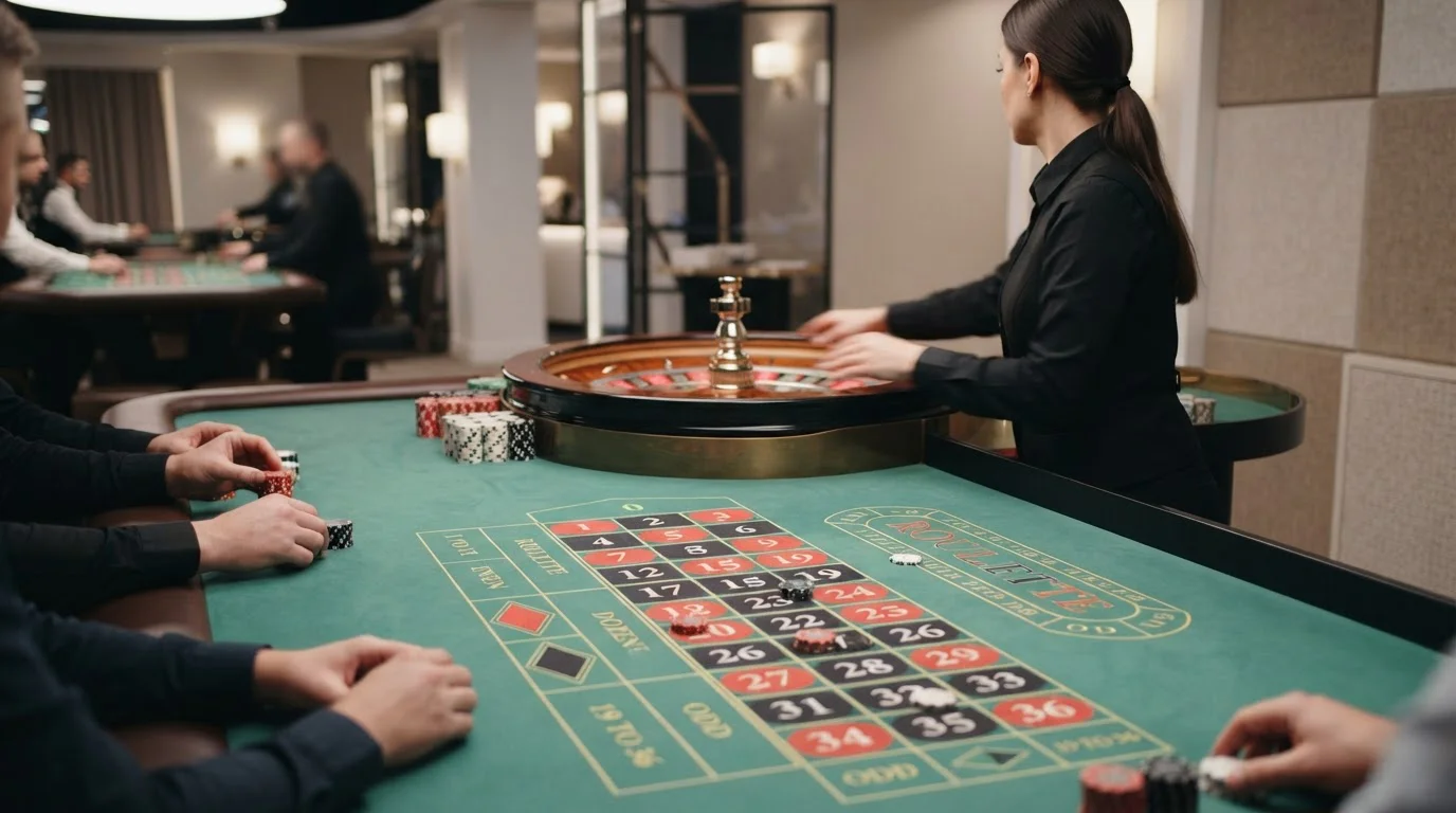 Roulette-Tisch in einem Livecasino-Studio mit neutraler Perspektive