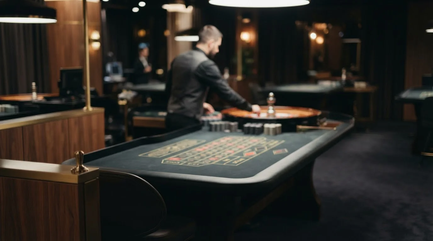 Live-Casino-Tisch aus der Distanz, neutral ausgeleuchtet, ohne erkennbares Croupier-Gesicht, schlichter Hintergrund