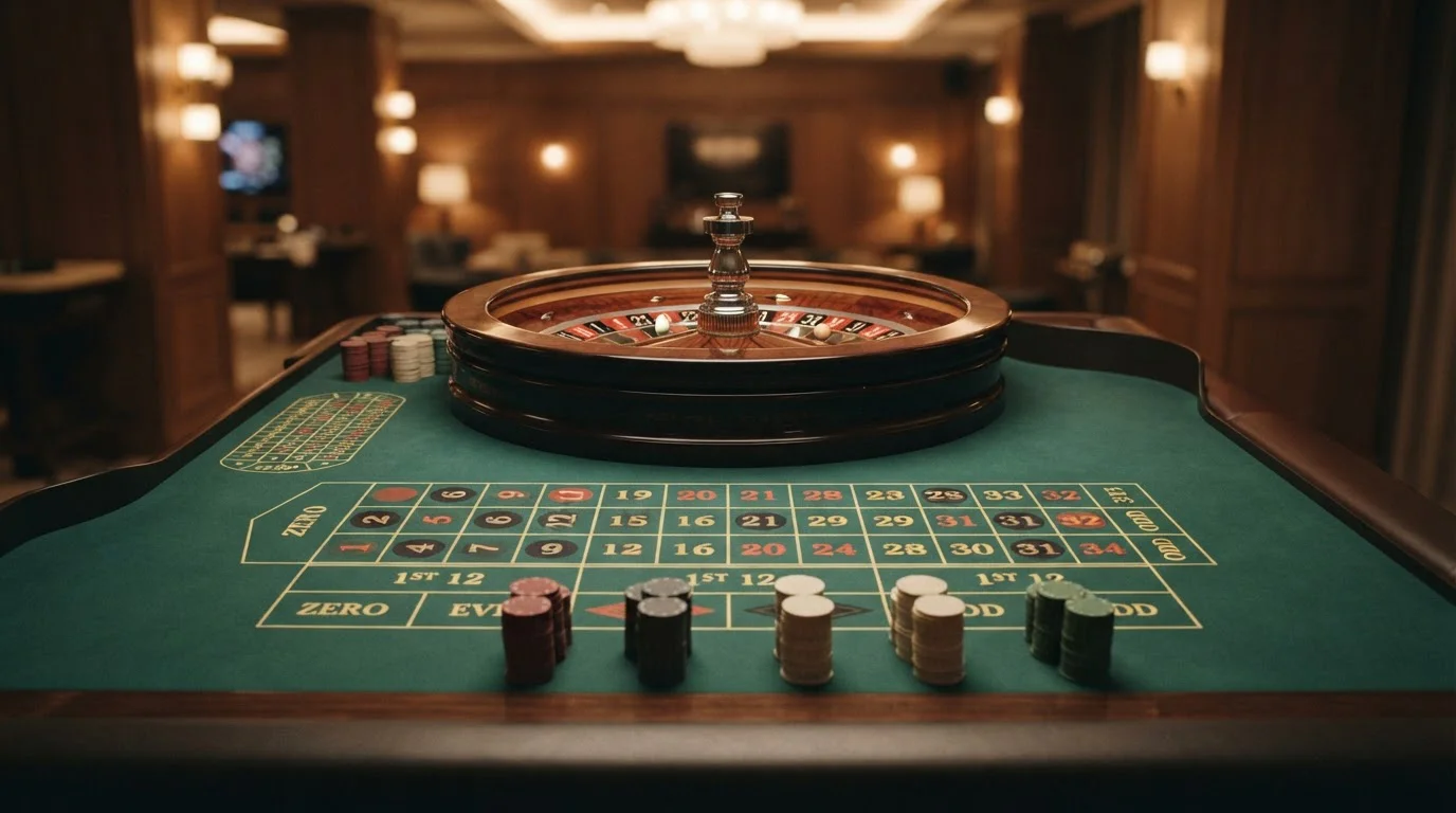 Roulette-Tisch mit neutralen Spielmarken ohne erkennbares Casino-Branding als Sinnbild für Live-Casino und Tischspiele