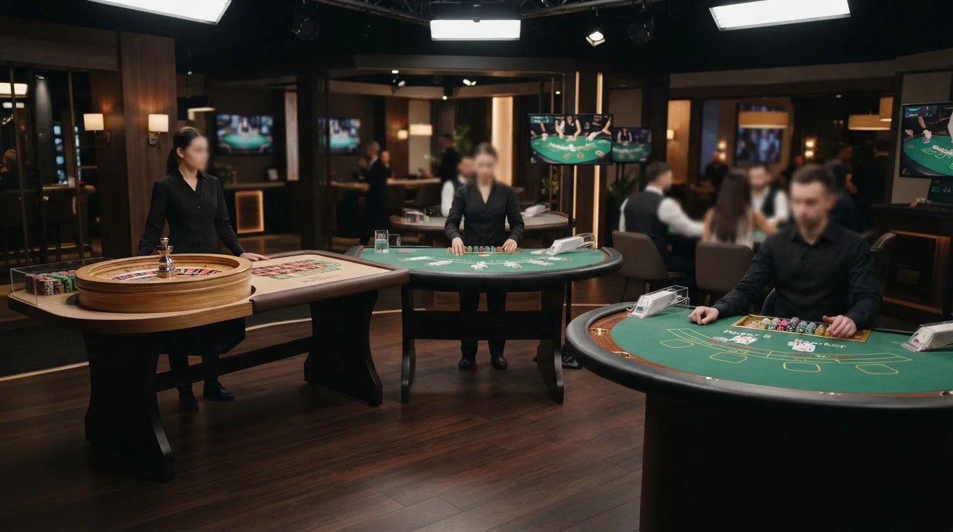 Live-Croupier an einem neutralen Roulette-Tisch mit gut lesbaren Spielregeln