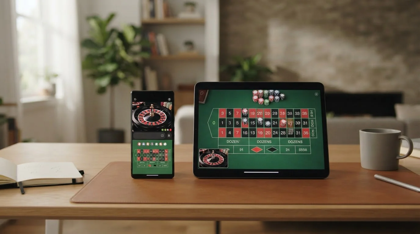 Smartphone zeigt eine neutrale Live-Roulette-Ansicht im Browser