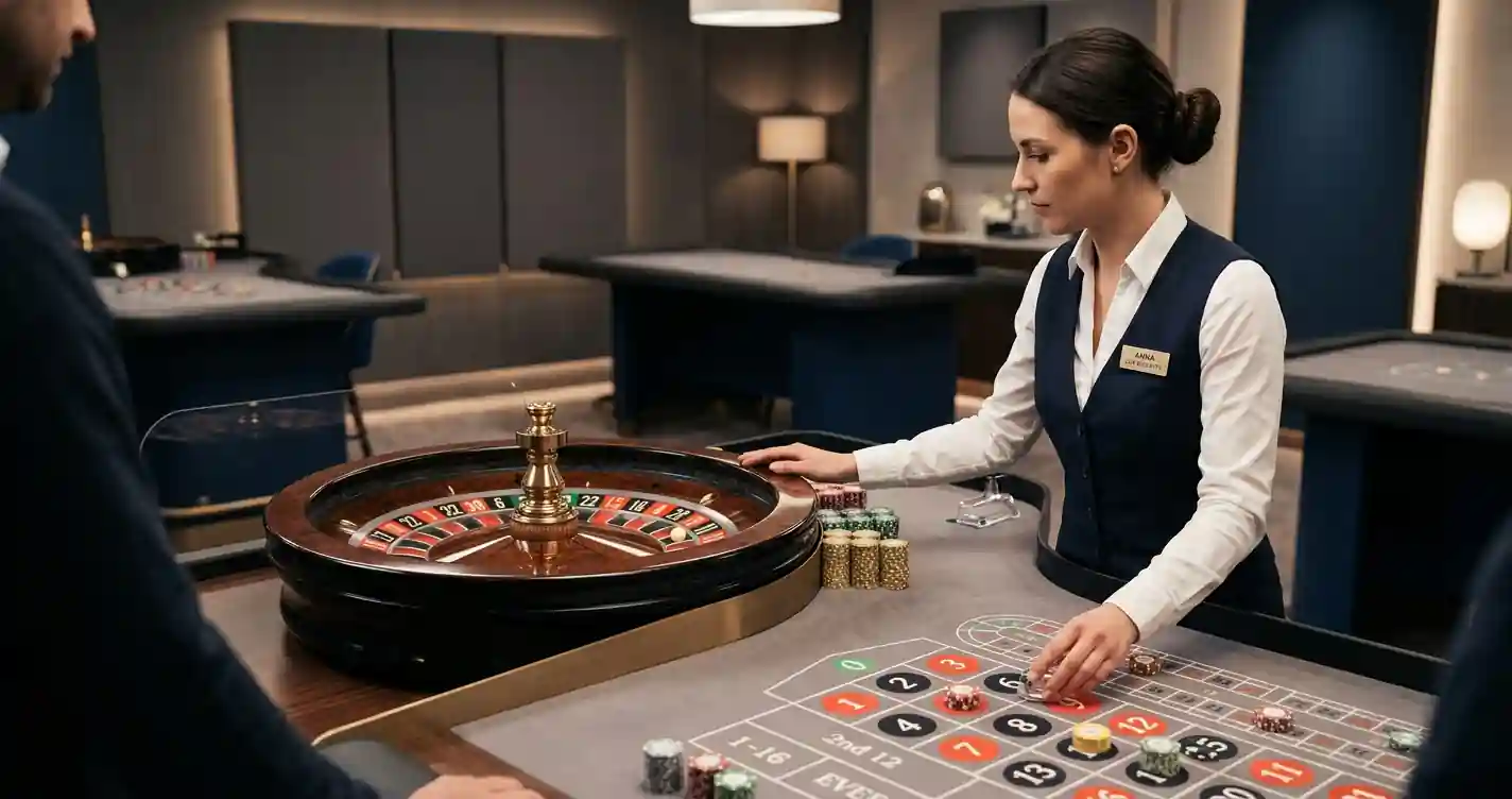 Deutschsprachiger Croupier an einem neutralen Live-Roulette-Tisch mit Rad und Kugel