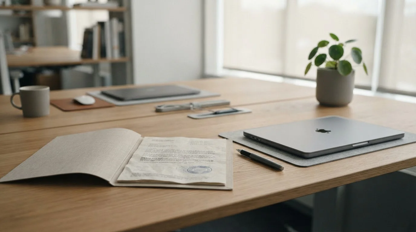 Ordner mit Stempel auf gedrucktem Dokument auf einem modernen Schreibtisch