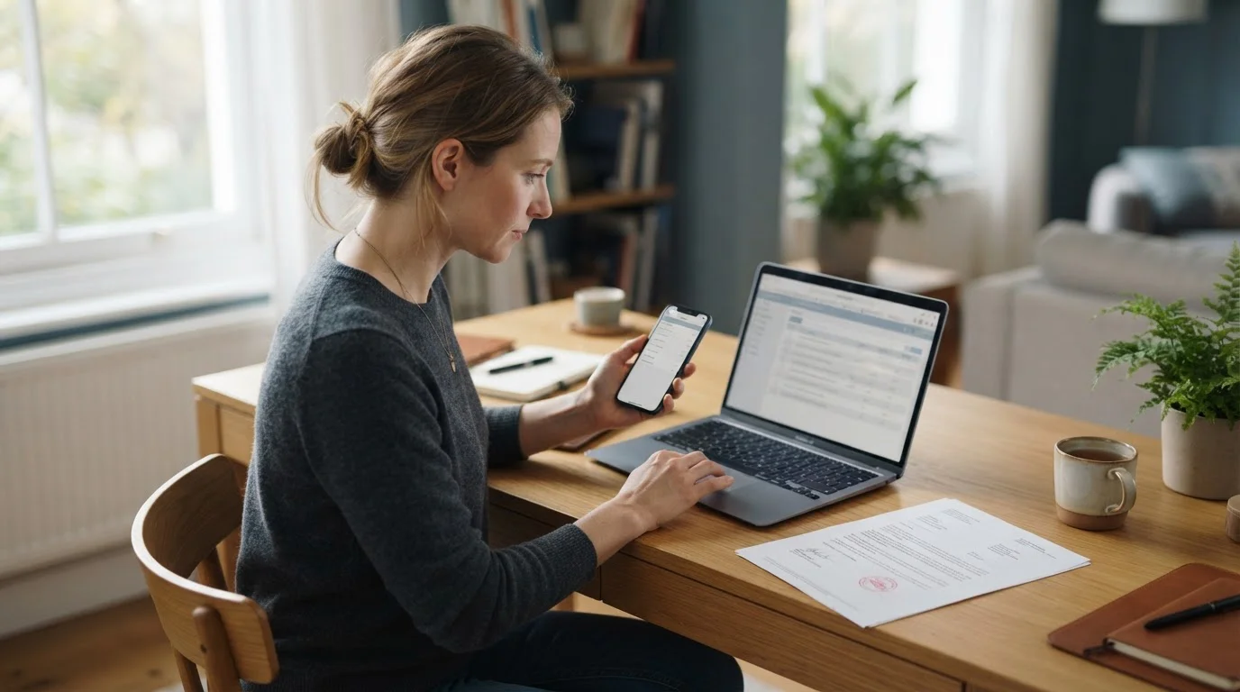 Person am Schreibtisch prüft Anbieterliste auf Laptop und Smartphone