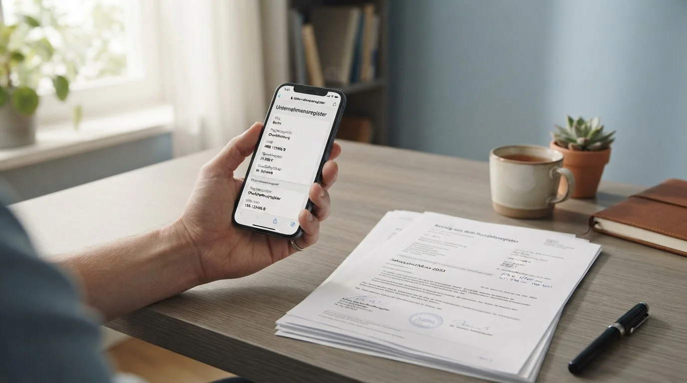 Hand mit einem Smartphone, das eine seriöse Anbieter-Webseite mit deutschem Impressum anzeigt, daneben Unterlagen auf einem Schreibtisch