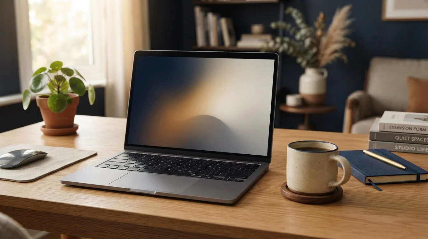 Laptop mit neutraler Oberfläche, ruhige Büro-Atmosphäre