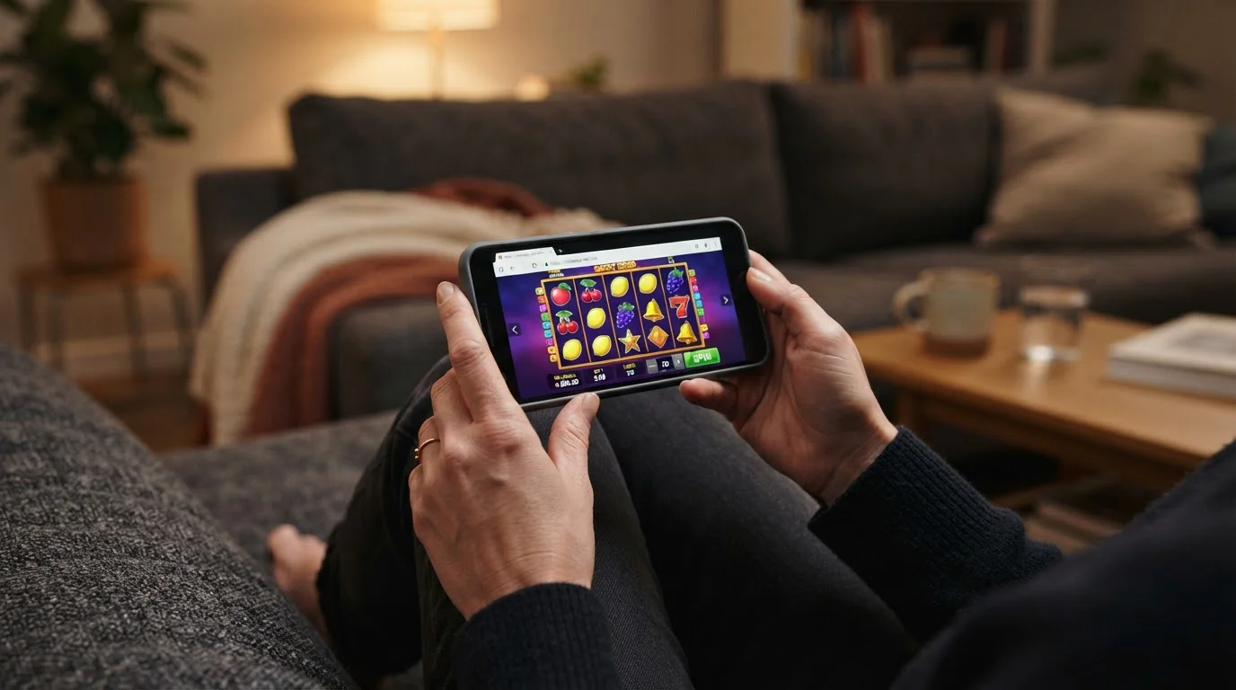 Mobilgerät mit geöffnetem Merkur-Spielautomaten im Browserfenster auf dem Sofa