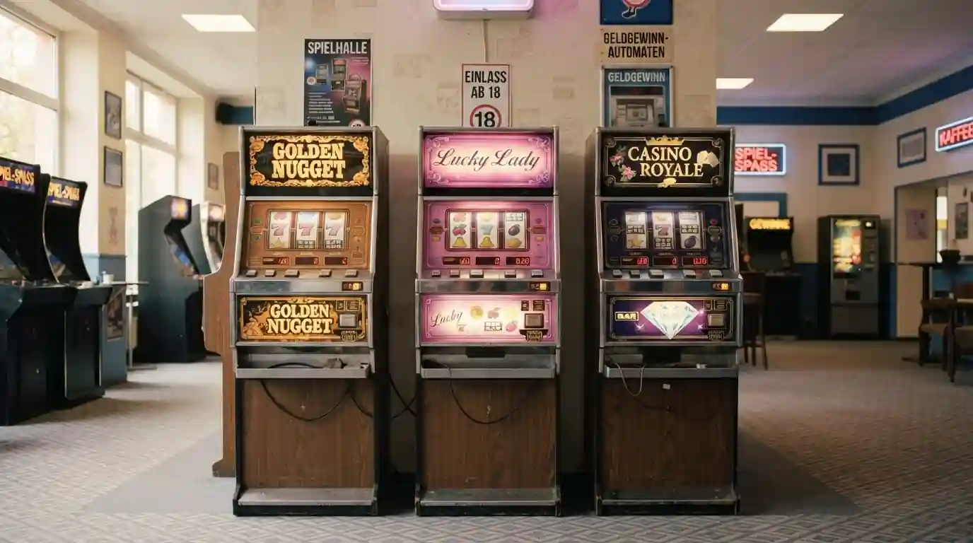 Spielothek-Eingang mit klassischen Spielautomaten in einer Reihe