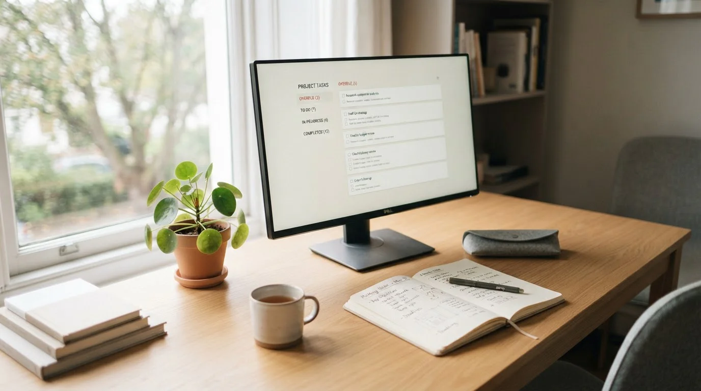 Moderner Arbeitsplatz mit Monitor, Notizbuch und Brille