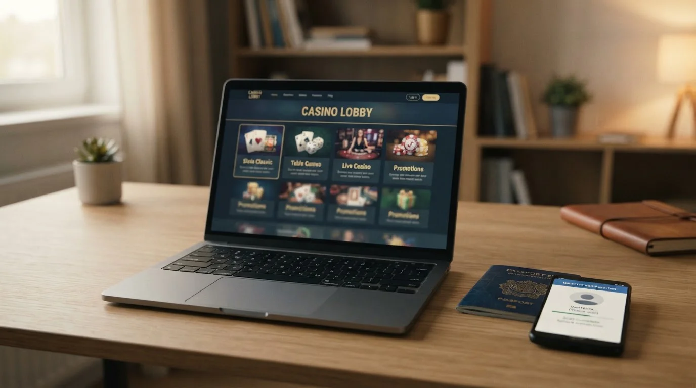 Laptop mit einer Casino-Webseite auf dem Bildschirm, daneben Reisepass und Smartphone mit Verifizierungs-App