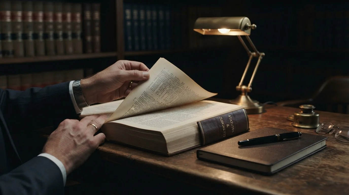 Aufgeschlagenes juristisches Buch auf einem Schreibtisch mit Leselampe