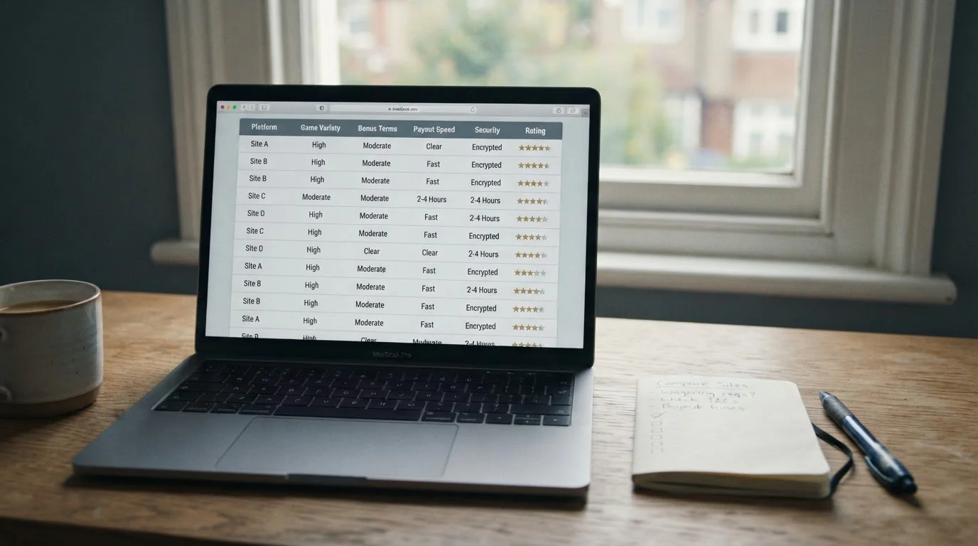 Laptop mit neutralem Casino-Vergleich auf dem Bildschirm, ohne Logo
