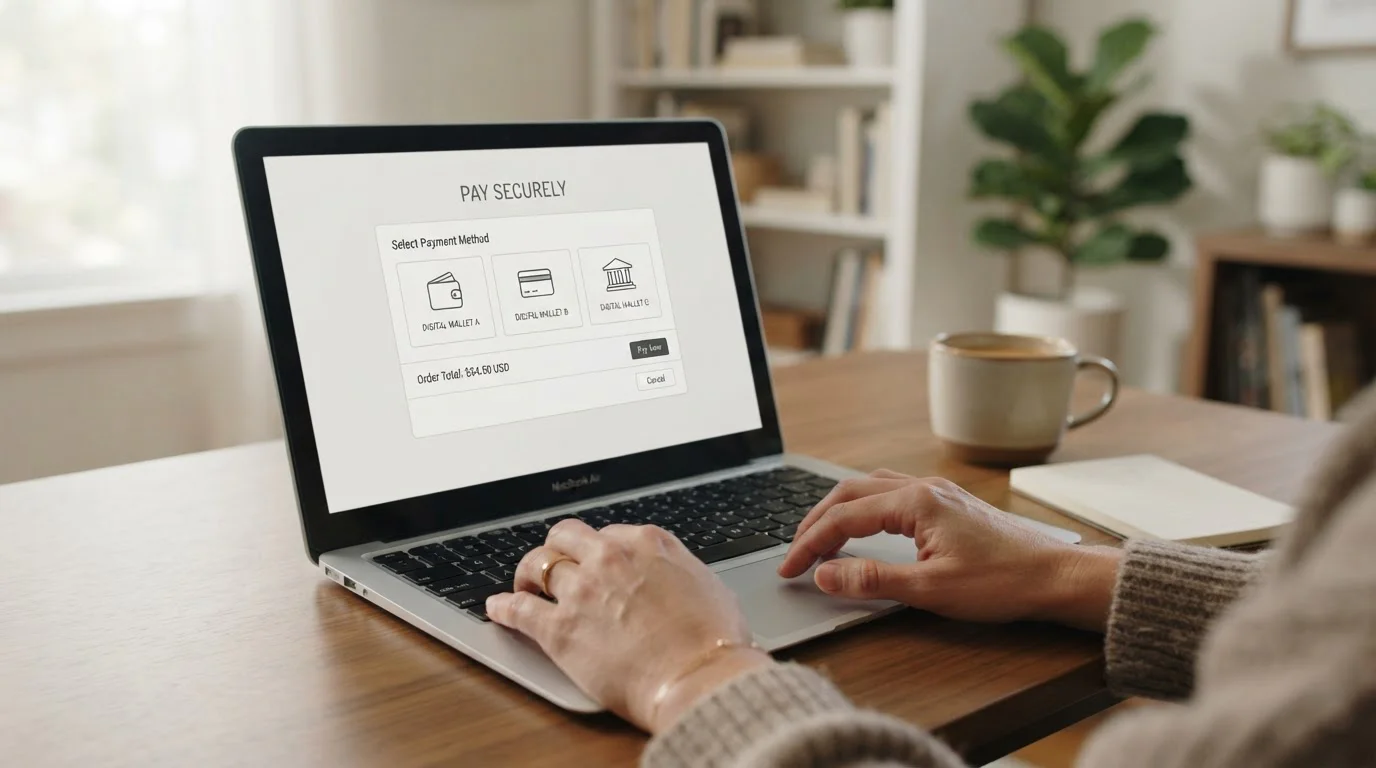 Neutraler Kassenbereich für eine MiFinity-Einzahlung am Laptop