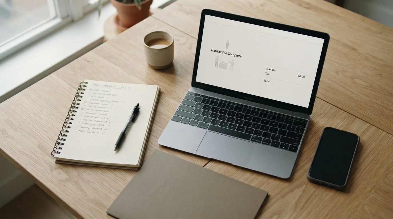 Handschriftliche Prüfliste für den MiFinity-Zahlungsweg neben einem Laptop