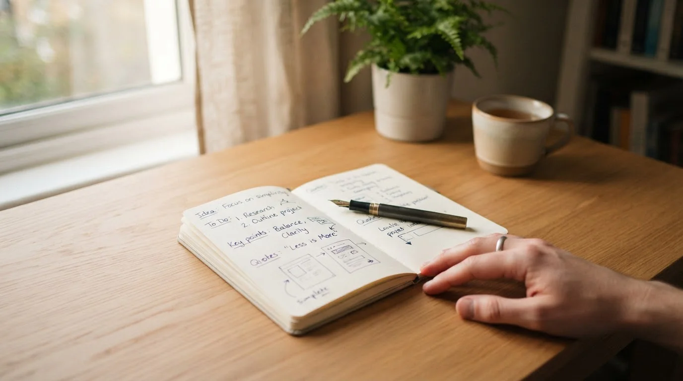 Offenes Notizbuch mit handschriftlichen Notizen auf einem aufgeräumten Schreibtisch