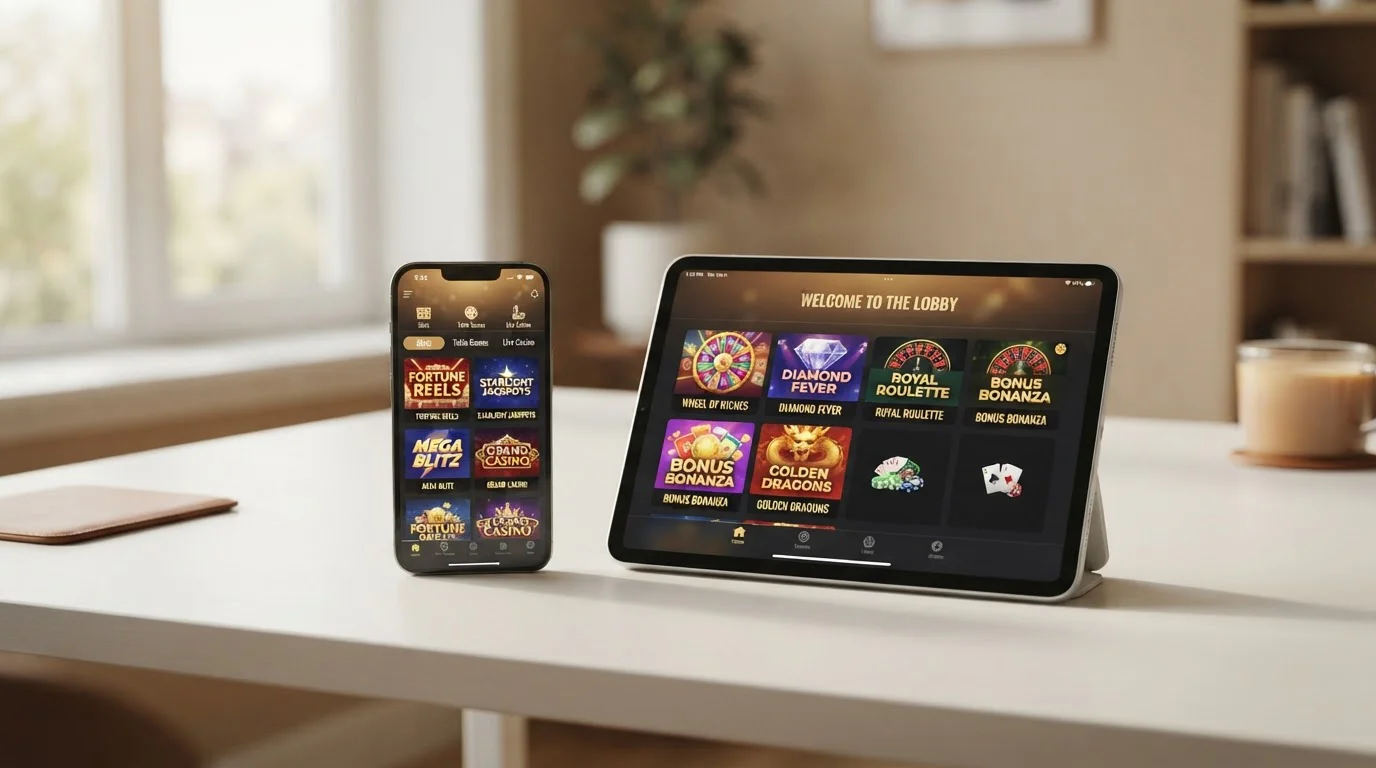 Smartphone und Tablet nebeneinander, beide mit Casino-Webseiten auf dem Bildschirm