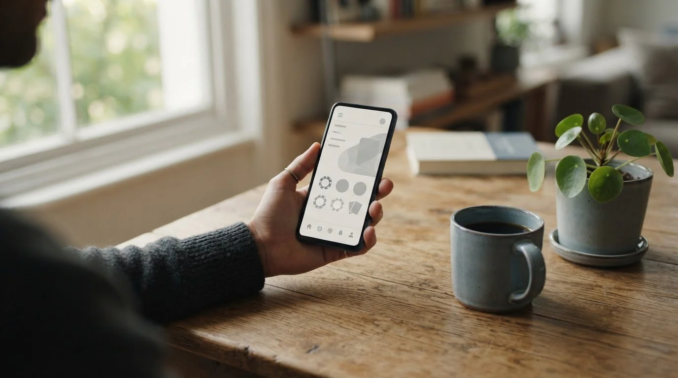 Smartphone mit neutraler App-Oberfläche auf einem Schreibtisch neben Tasse und Pflanze — Mobile Casino unterwegs