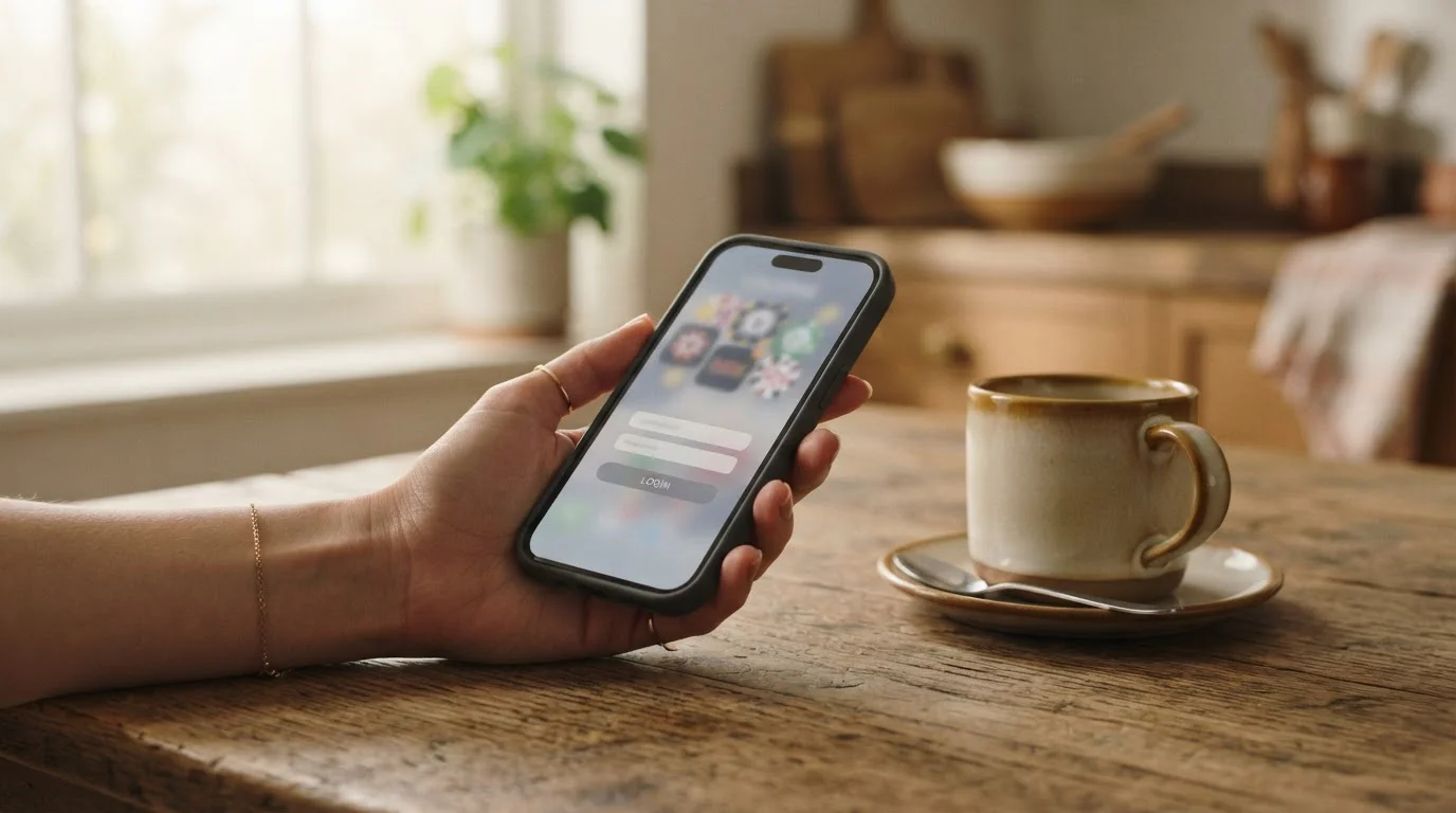 Smartphone in der Hand mit einem neutralen Glücksspiel-Login auf dem Bildschirm, neben einer Kaffeetasse