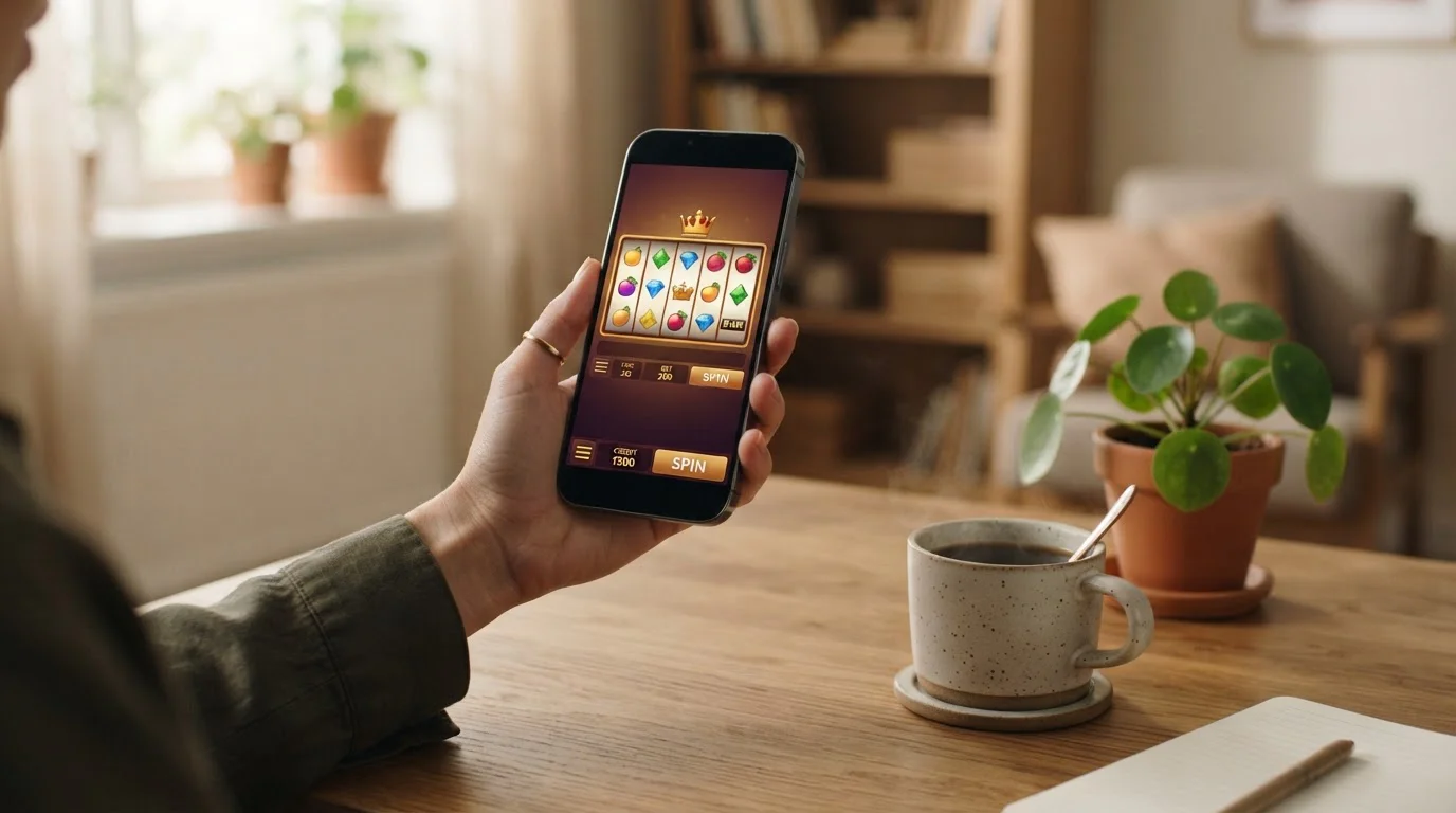 Smartphone in der Hand mit einem geöffneten Spielautomaten im Hochformat, daneben eine Tasse Kaffee auf dem Schreibtisch