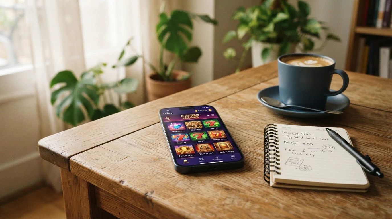 Smartphone mit einer generischen Spielautomaten-Lobby auf dem Bildschirm, daneben Kaffeetasse und Notizbuch auf einem Holztisch