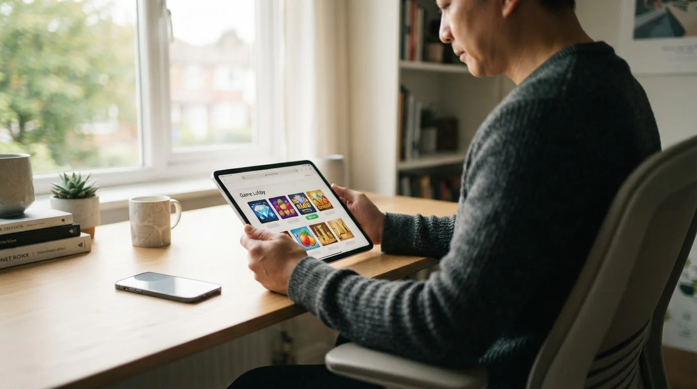 Smartphone mit Browser-Casino-Lobby, daneben Person am Schreibtisch mit Tablet und Lichtsetup