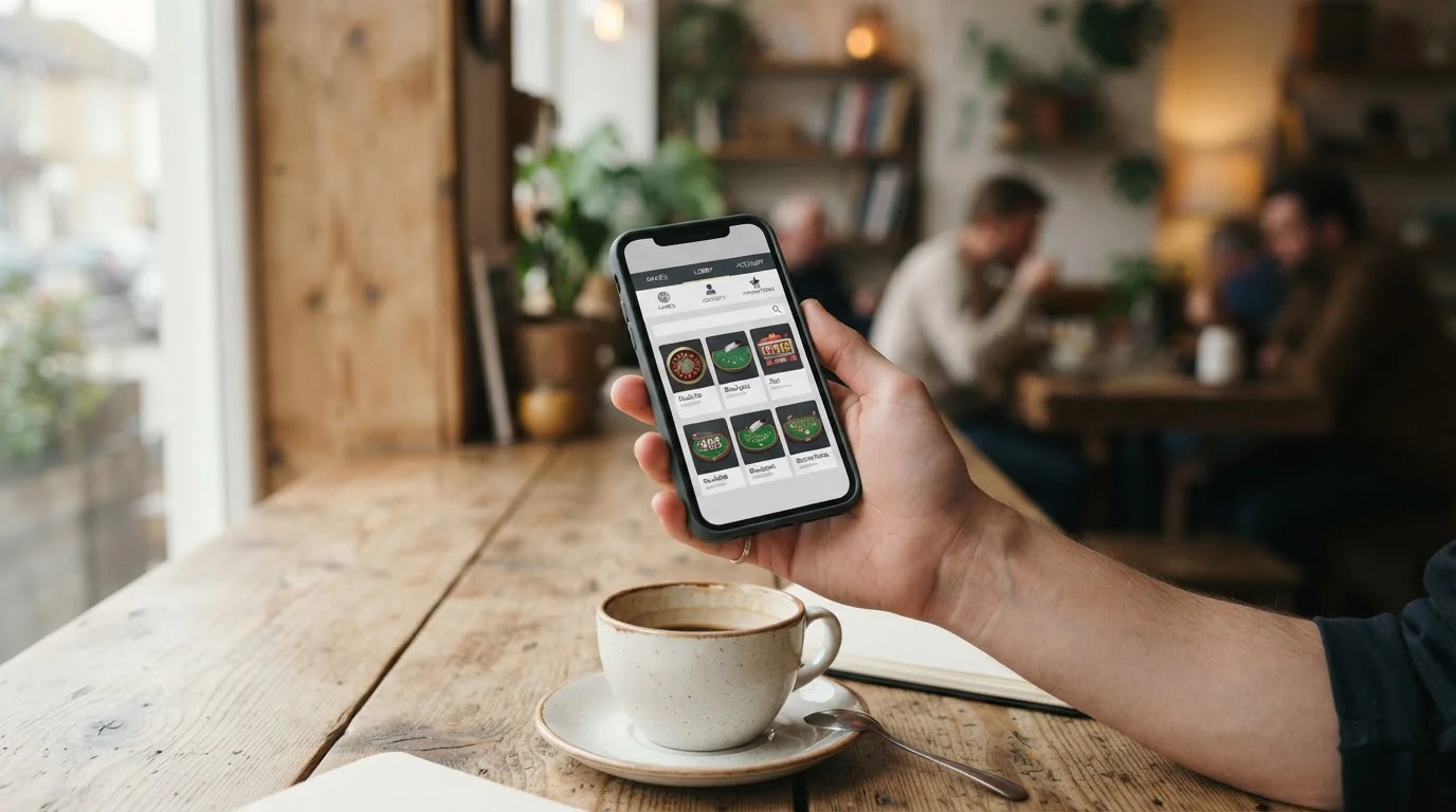 Smartphone mit Casino-App und eine Hand am Touchscreen auf einem Holztisch