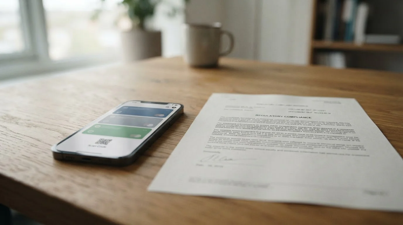 Neutrale Smartphone-elektronische Geldbörse neben einem offiziellen Prüfdokument