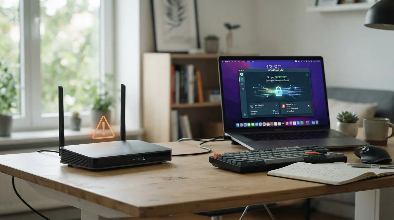 Router mit Warndreieck-Symbol, Laptop mit VPN-Verbindung aktiv, neutraler Hintergrund