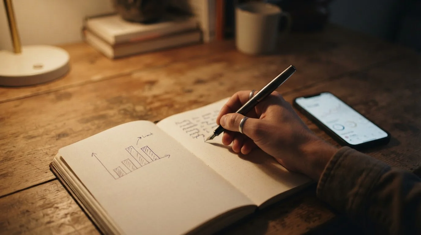 Notizbuch mit handschriftlich notiertem Monatslimit, ein Smartphone mit Banking-Anwendung im Hintergrund