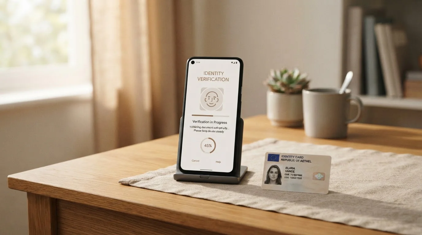 Smartphone mit Identitäts-App, Ausweis daneben, ruhige Atmosphäre