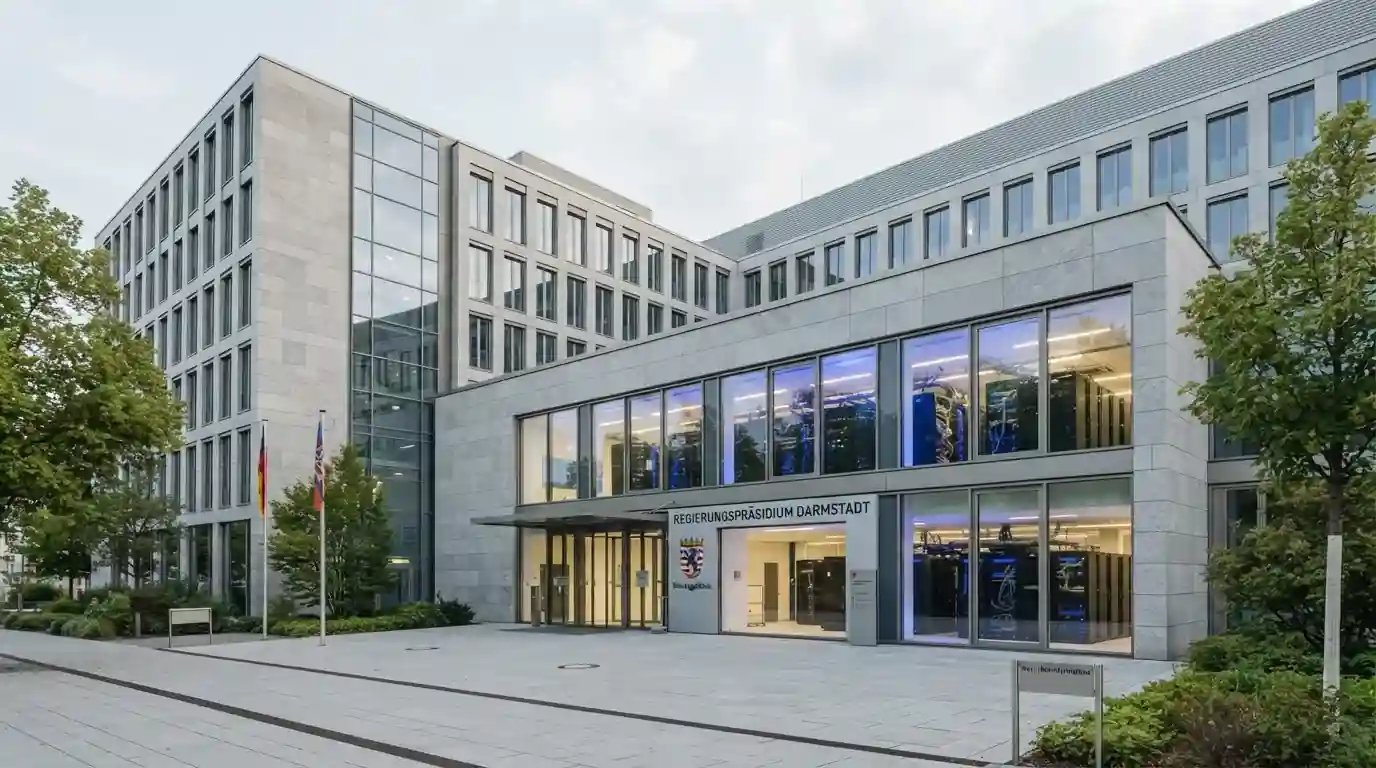 Regierungspräsidium Darmstadt Gebäude mit OASIS-Serverraum symbolisch