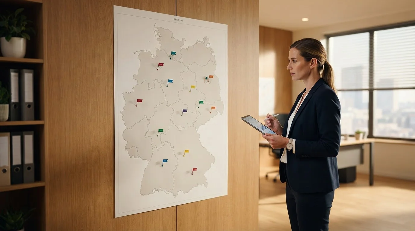 Karte Deutschlands mit eingezeichneten Zuständigkeiten der Glücksspielaufsichtsbehörden je Bundesland
