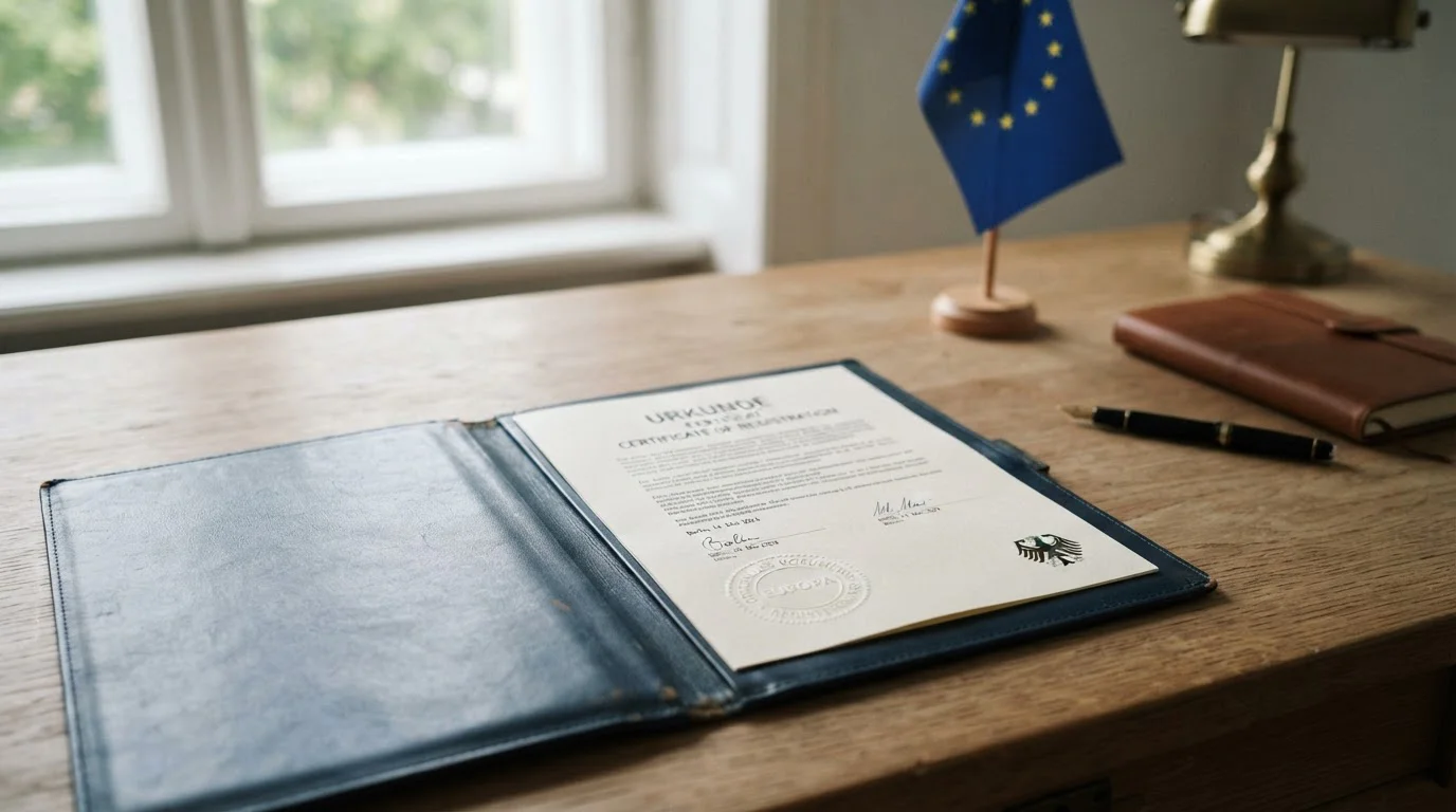 Schreibtisch mit Lizenzdokument und Stempel