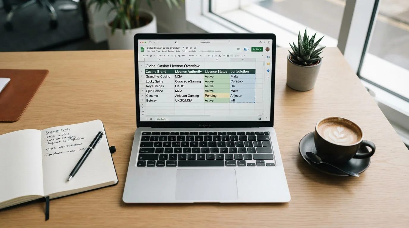 Laptop mit Vergleichstabelle von Offshore-Casinos und Lizenzen