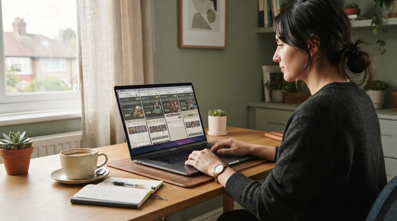 Person am Laptop mit verschiedenen internationalen Casino-Webseiten nebeneinander auf dem Bildschirm