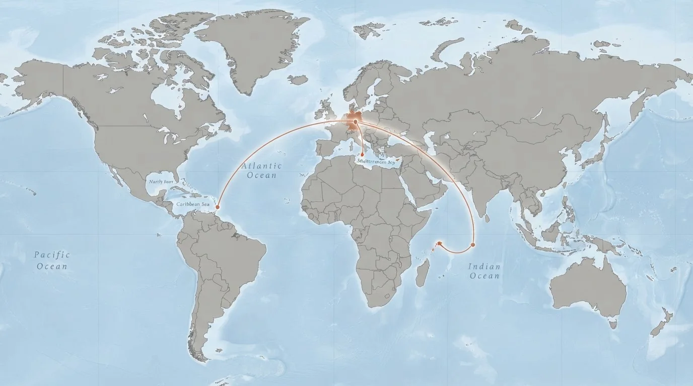 Weltkarte mit markierten Lizenzjurisdiktionen Malta, Curaçao und Komoren, symbolische Verbindungslinien nach Deutschland
