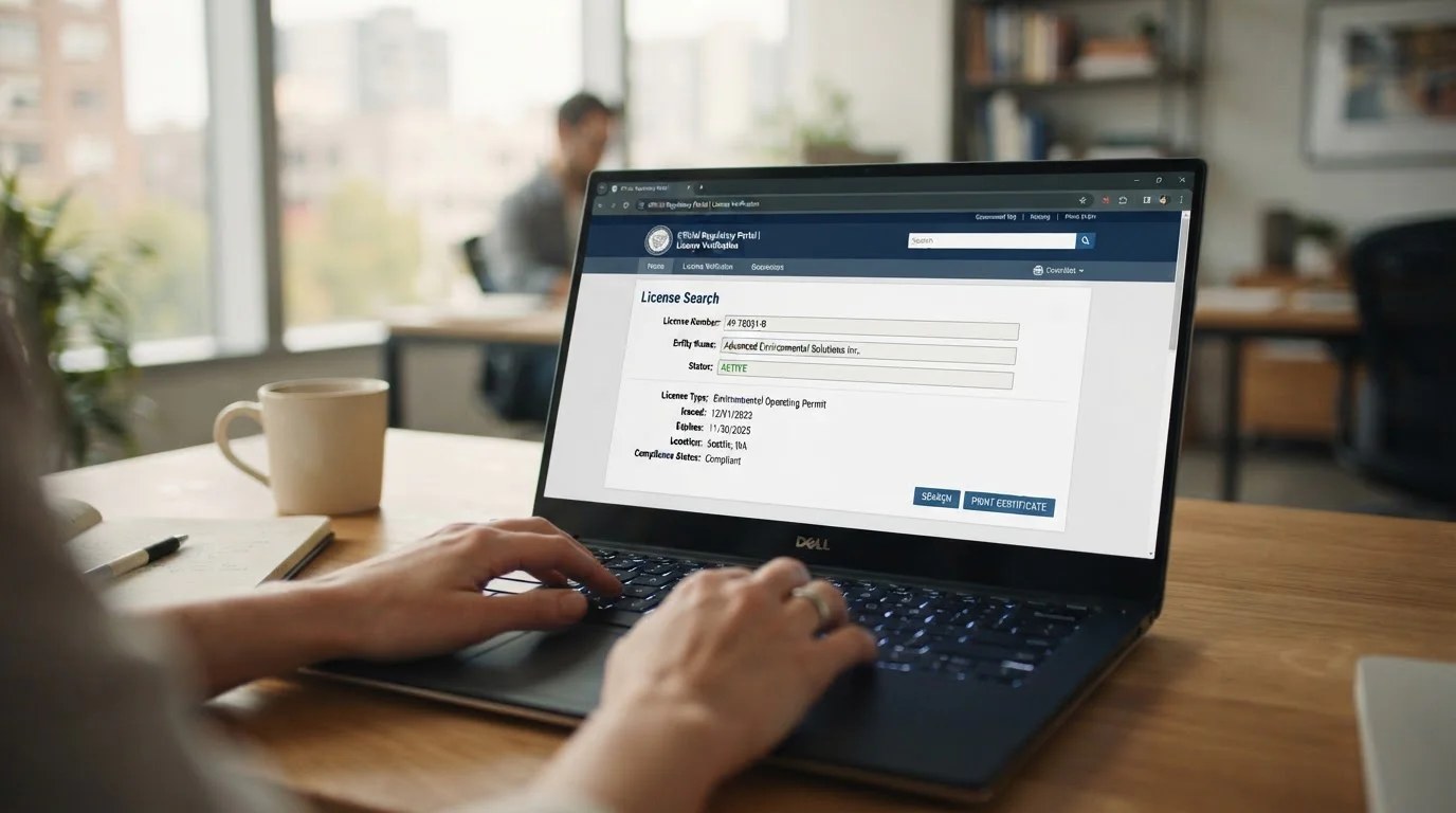 Laptop zeigt Lizenzprüfung auf offizieller Regulierungswebsite