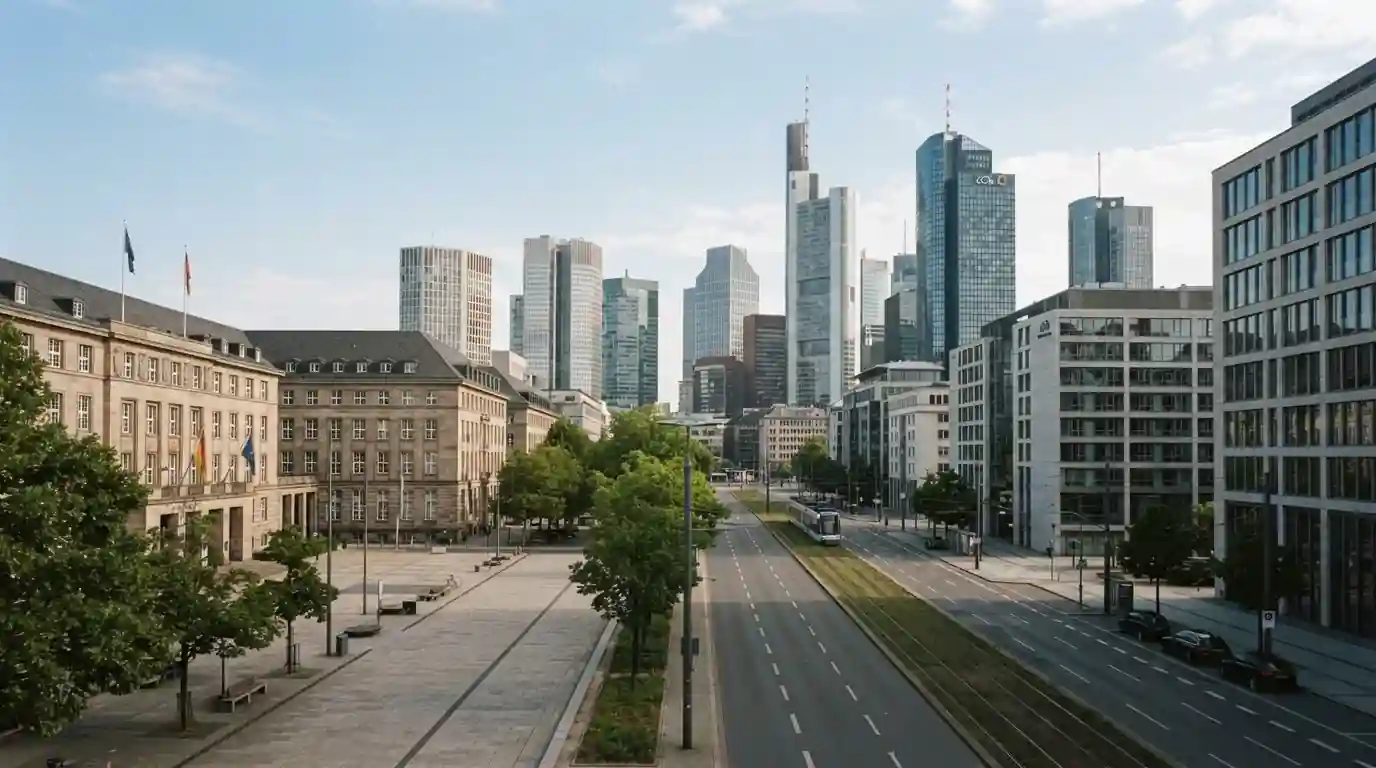 Stadtansicht mit Bürogebäuden und symbolischer Grenze zwischen regulierten und internationalen Märkten
