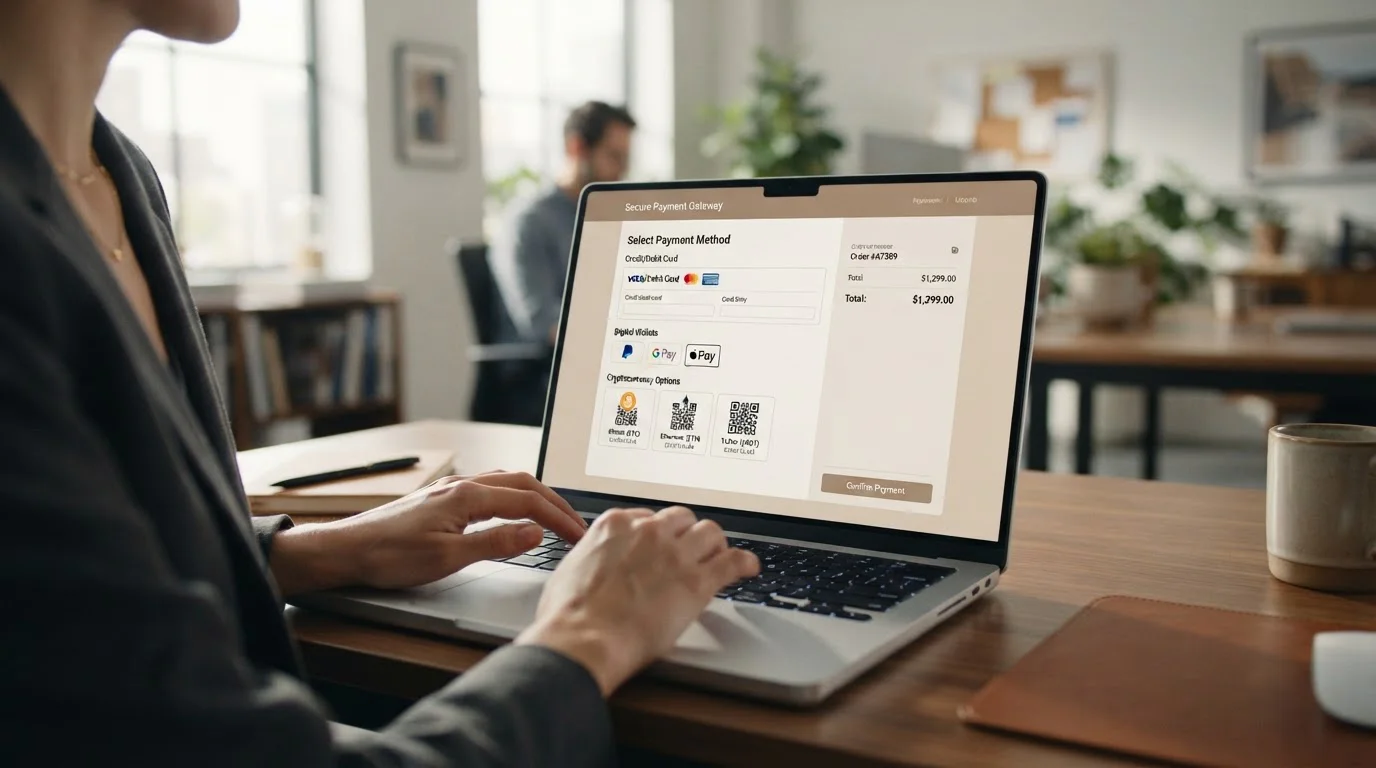 Laptop zeigt Zahlungsmethoden-Auswahl mit E-Wallets und Krypto-Optionen