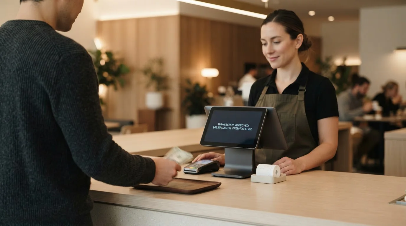 Bargeldeinzahlung an einem Servicetresen mit sofortiger digitaler Gutschrift