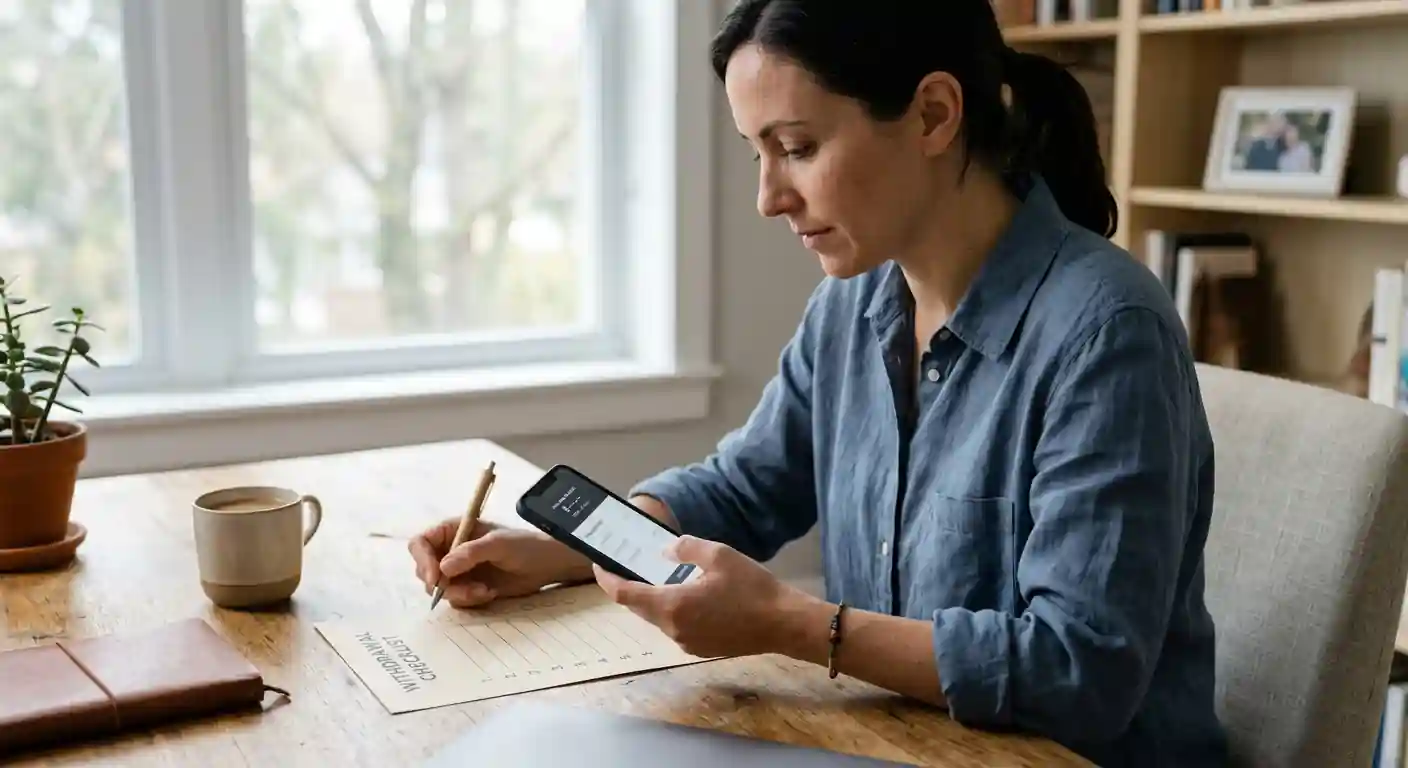 Neutrale mobile Geldbörse neben einer Prüfung der Zahlungsrichtung
